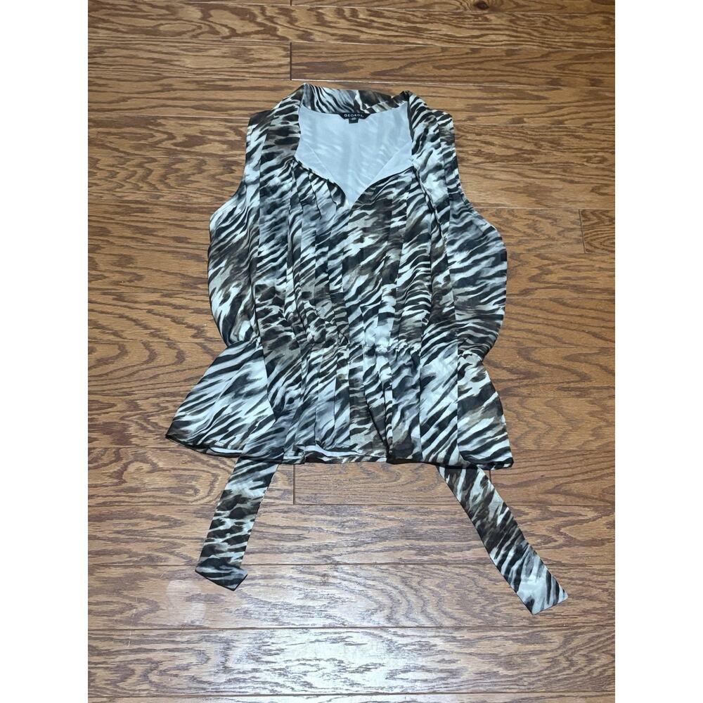 George Women's Black White Brown Zebra Print Front Tie Sleeveless Blouse, Size L